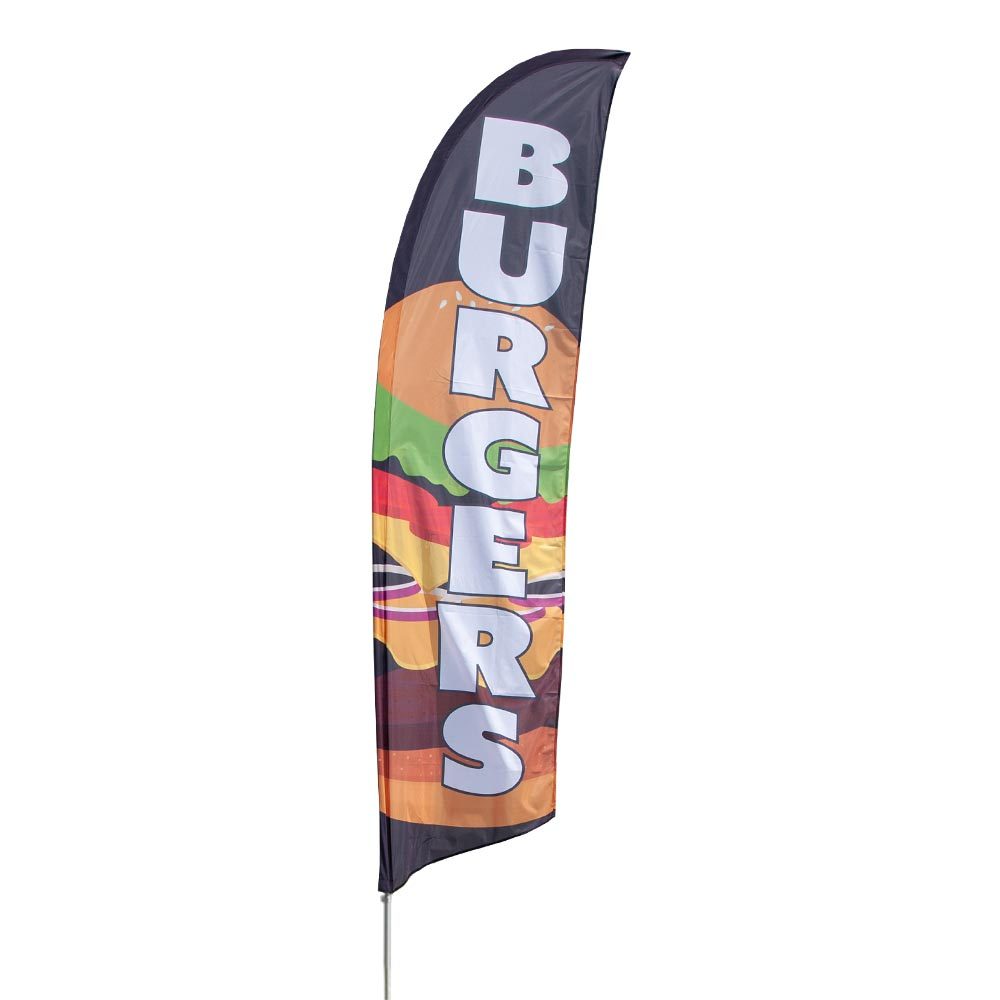 BURGERS Hamburger Stand Swooper Banner Feather Flutter Bow Tall Curved Top Flag 