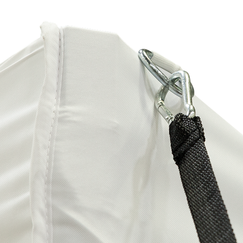 Carabiner on tie-down makes it very easy to attach to structures like tent canopies