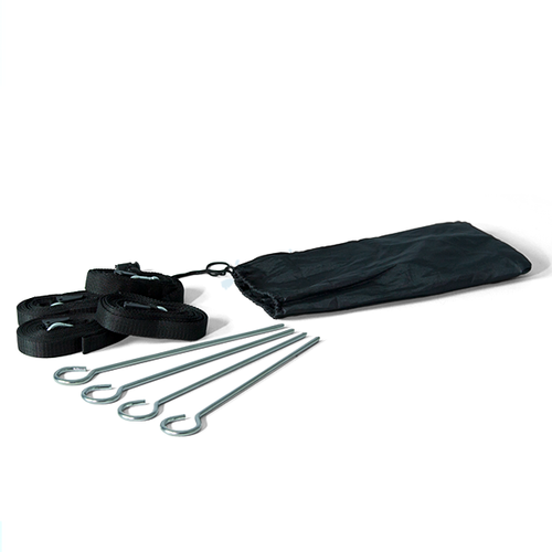 Kit comes with 4 steel stakes, 4 tie-downs and carry bag