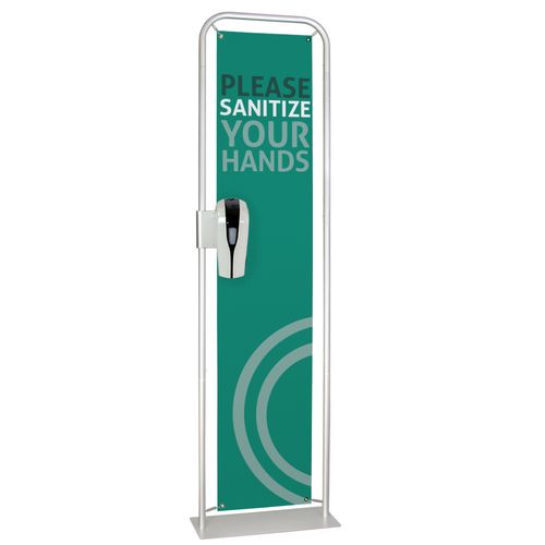 Suspension Banner with Sanitizer Dispenser attached