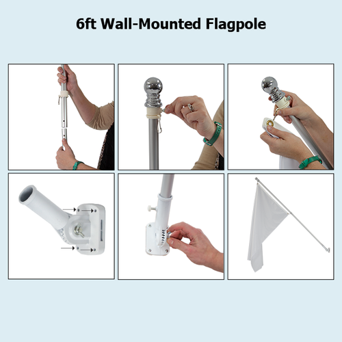 Wall-mounted flagpole hardware can be adjusted up or down