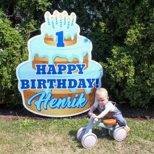 Create lasting memories with this Happy Birthday Tall Cake Sign