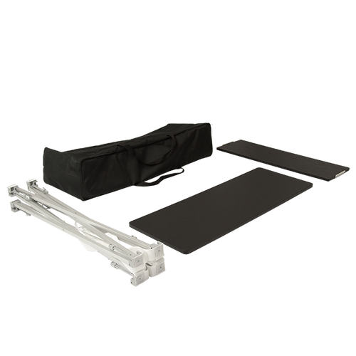 Hardware includes collapsible frame, shelf, counter top and carry bag