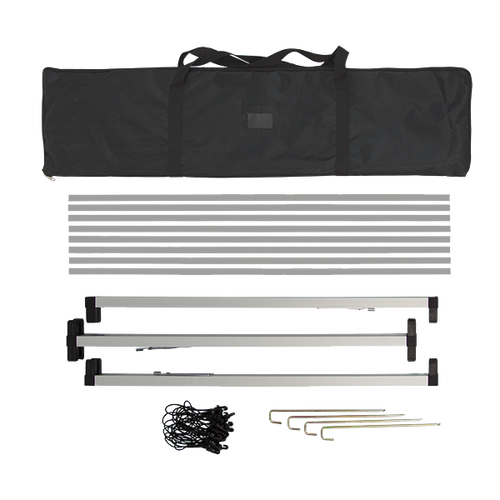 Hardware fits inside included carrying case and includes frame, stakes and black banner bungee cords
