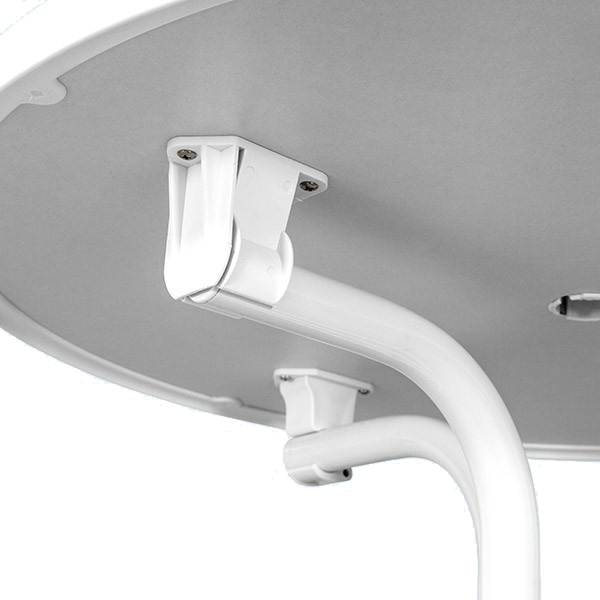 Table legs lock into white fiberboard table top for easy snap-and-go assembly