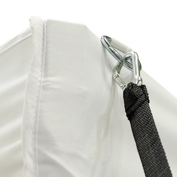 Carabiner on tie-down makes it very easy to attach to structures like tent canopies Carabiner on tie-down makes it very easy to attach to structures like tent canopies