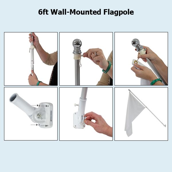Wall-mounted flagpole hardware can be adjusted up or down Wall-mounted flagpole hardware can be adjusted up or down