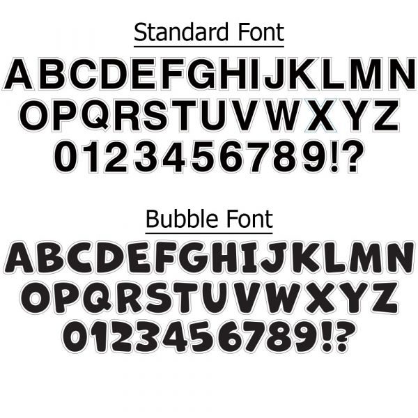 Alphabet in our standard and bubble font Standard vs Bubble font