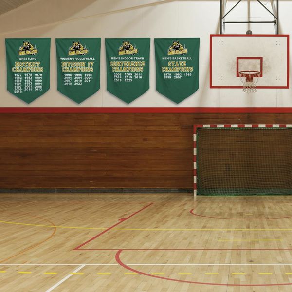 Example of championship banners in a high school gym Championship banners at high school