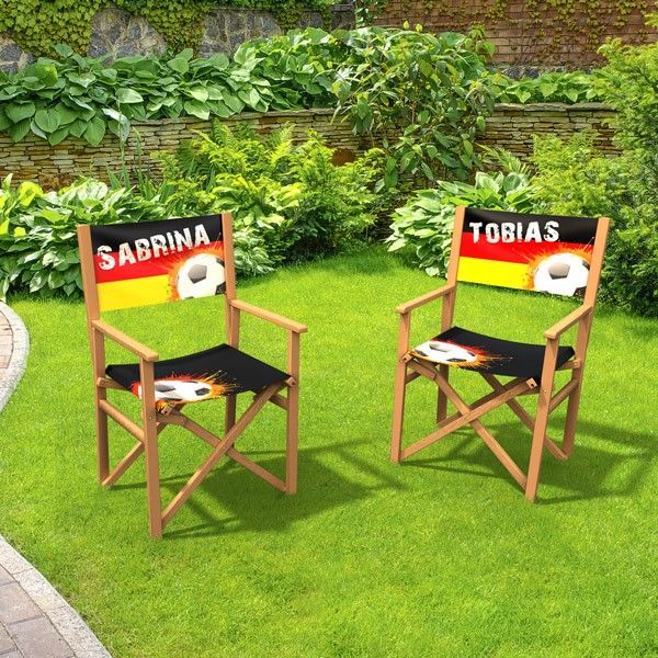two personalized director's chair displayed outdoors