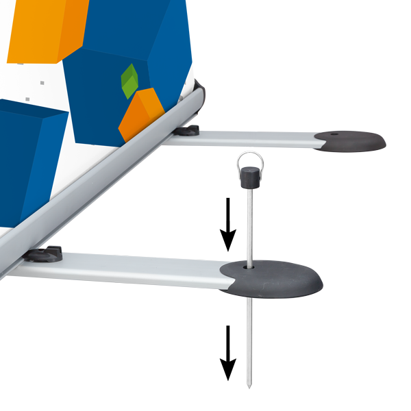The outdoor banner stand includes two feet and four stakes to secure it to the ground The outdoor banner stand includes two feet and four stakes to secure it to the ground