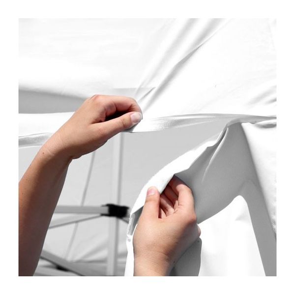 Using hook-and-loop fasteners, the banners easily and securely attach to the tent canopy