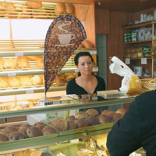 A Mini Feather Flag for table tops, bars or counters