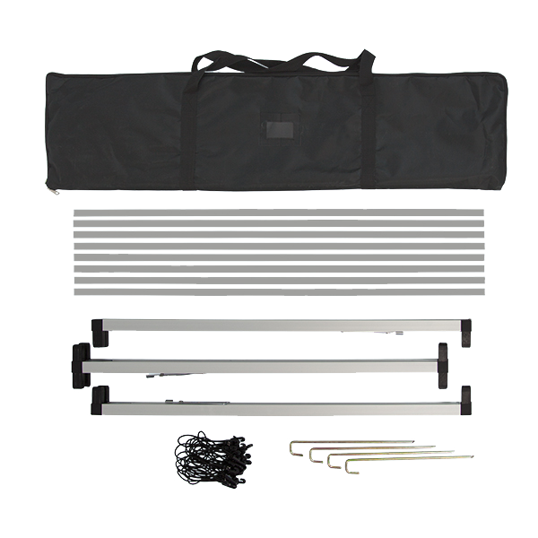 Hardware fits inside included carrying case and includes frame, stakes and black banner bungee cords Hardware fits inside included carrying case and includes frame, stakes and black banner bungee cords