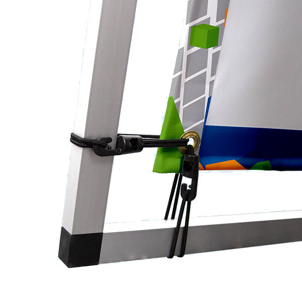 Black banner bungee cords keep print taut at all times Black banner bungee cords keep print taut at all times